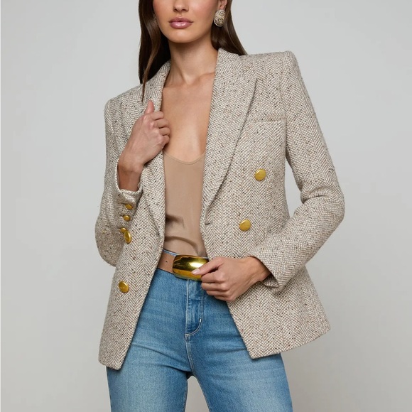 L'AGENCE Jackets & Blazers - L'AGENCE Beige Tweed Double-Breasted Blazer with Gold Buttons